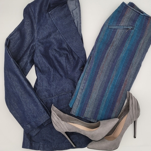 Etcetera Denim Blue Strip Retro Skirt Knee Length - Picture 3 of 15